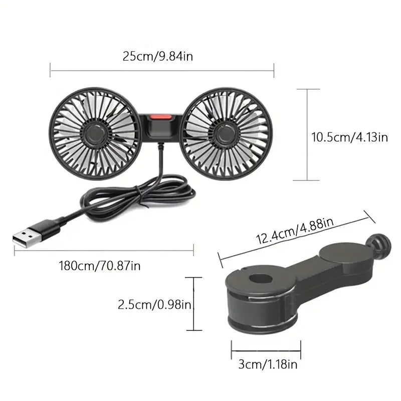 Car Fan 360° 3-Speed Car Seat Back Cooling Fan USB Charge Dual Head Fan Adjustable Rotation Neck Cooler for Car Home Accessories