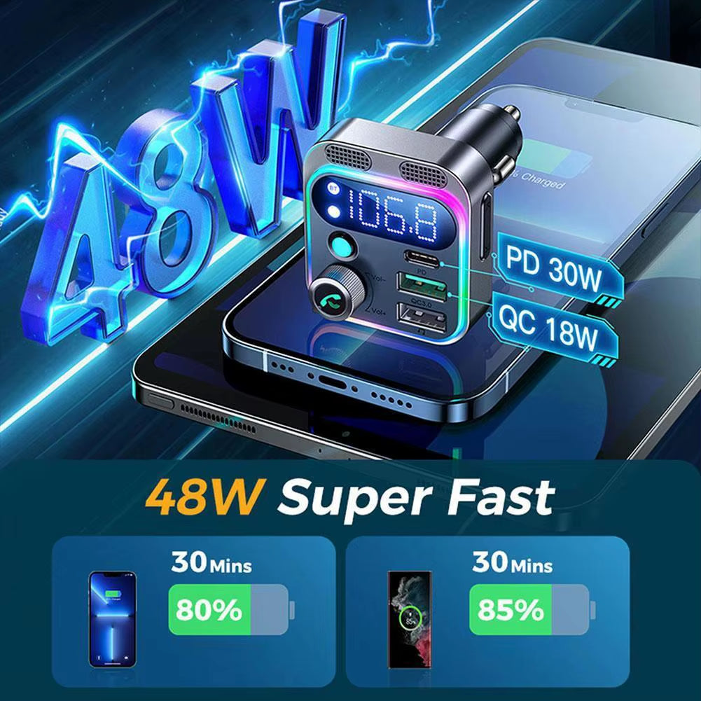 Bluetooth 5.3 FM Transmitter 4 Port USB Car Charger Type C PD 250W Fast Charging Adapter for Huawei OPPO Oneplus